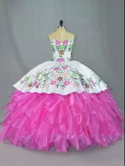 White and Hot Pink Floral Embroidery Quinceanera Dress with Ruffles