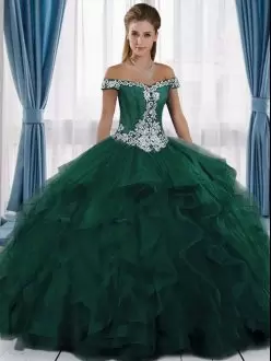 Stylish Sleeveless Tulle Floor Length Lace Up Ball Gown Prom Dress in Dark Green with Appliques and Ruffles