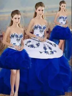 Tulle Sleeveless Floor Length 15th Birthday Dress and Embroidery and Ruffles and Bowknot
