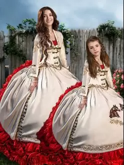 Long Sleeves Organza and Taffeta Brush Train Lace Up 15th Birthday Dress in White And Red with Embroidery and Ruffles