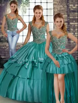 Sleeveless Taffeta Floor Length Lace Up Quinceanera Gowns in Teal with Beading and Ruffled Layers