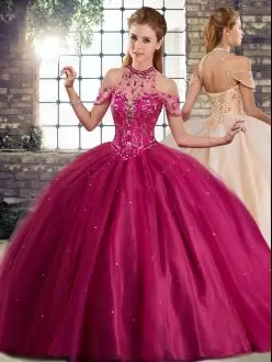 Sleeveless Tulle Brush Train Lace Up Quinceanera Gowns in Fuchsia with Beading