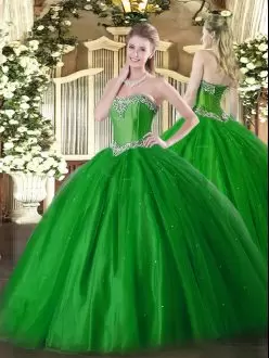 Romantic Green Ball Gowns Sweetheart Sleeveless Tulle Floor Length Lace Up Beading Quince Ball Gowns