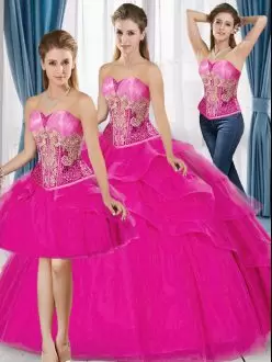 Deluxe Ball Gowns Sweet 16 Dress Fuchsia Sweetheart Tulle Sleeveless Floor Length Lace Up