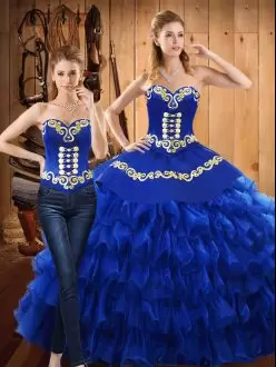 Exquisite Blue Ball Gowns Embroidery and Ruffled Layers Vestidos de Quinceanera Lace Up Tulle Sleeveless Floor Length