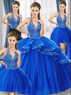 Modern Royal Blue Ball Gowns Tulle V-neck Sleeveless Beading Floor Length Lace Up Quinceanera Gowns