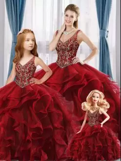 Wine Red Tulle Lace Up Quince Ball Gowns Sleeveless Floor Length Beading and Ruffles