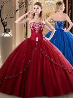 Sophisticated Wine Red Lace Up Vestidos de Quinceanera Embroidery Sleeveless Floor Length