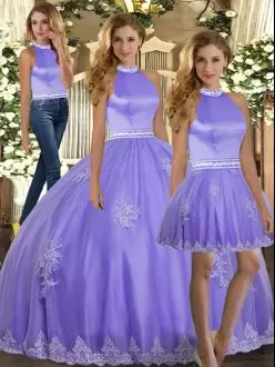 Floor Length Backless Sweet 16 Quinceanera Dress Lavender for Sweet 16 and Quinceanera with Appliques