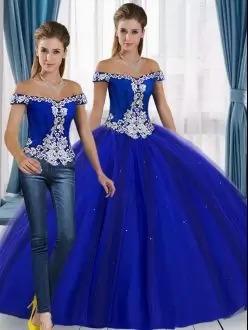 Custom Made Royal Blue Tulle Lace Up Off The Shoulder Sleeveless Floor Length Quinceanera Dress Appliques