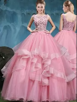 Classical Ball Gowns Sweet 16 Quinceanera Dress Baby Pink Scoop Tulle Sleeveless Floor Length Lace Up