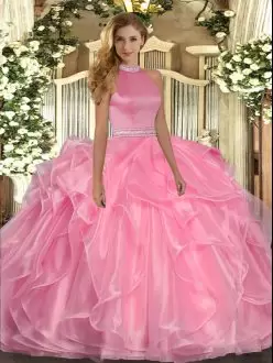 Watermelon Red Organza Backless Halter Top Sleeveless Floor Length Quince Ball Gowns Beading and Ruffles