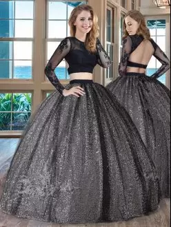 Cute Black Two Pieces Appliques Ball Gown Prom Dress Backless Tulle Long Sleeves Floor Length
