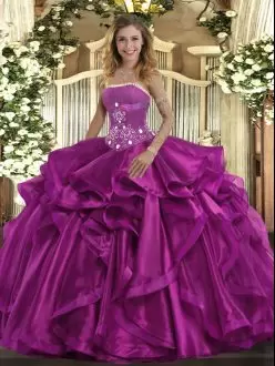 Fuchsia Ball Gowns Beading and Ruffles Ball Gown Prom Dress Lace Up Organza Sleeveless Floor Length