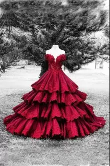 Custom Made High Quality Off the Shoulder Burgundy Quinceanera Dress with Ruffled Layers