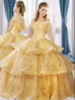 Custom Fit Off The Shoulder Short Sleeves Sequined Sweet 16 Dresses Beading and Ruffled Layers Lace Up