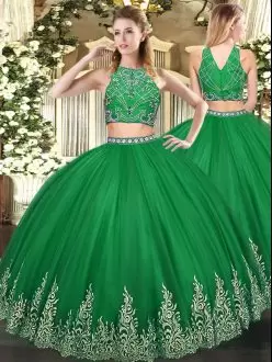 Floor Length Dark Green Sweet 16 Dresses Tulle Sleeveless Beading and Ruffles