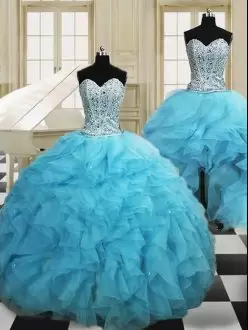 Baby Blue Sleeveless Beading and Ruffles Floor Length Sweet 16 Dresses