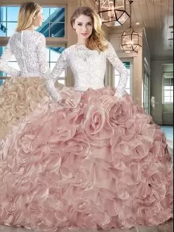 Enchanting Champagne Quince Ball Gowns Sweet 16 and Quinceanera with Beading and Ruffles Scoop Long Sleeves Brush Train Lace Up