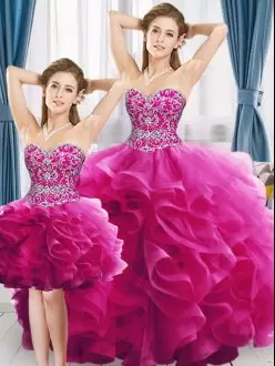 Detachable 3 Pieces Sweetheart Neckline Ball Gown Quince Dress with Beaded Bodice and Ruffled Bottom in Fuchisa Color