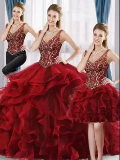 High End Wine Red Sleeveless Tulle Lace Up Quinceanera Dresses for Prom and Sweet 16 and Quinceanera