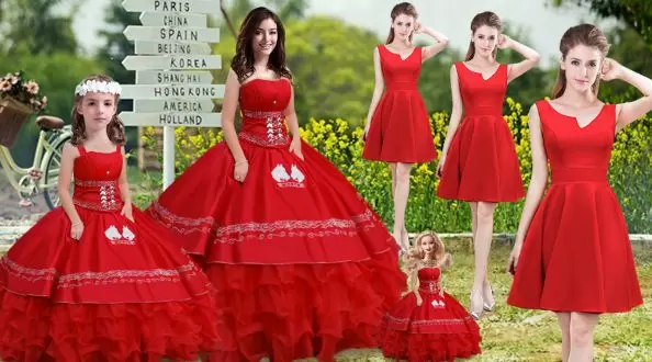 Edgy Embroidery and Ruffles Ball Gown Prom Dress Red Lace Up Sleeveless Floor Length