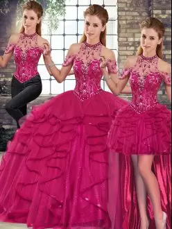 Elegant Tulle Halter Top Sleeveless Lace Up Beading and Ruffles 15th Birthday Dress in Fuchsia