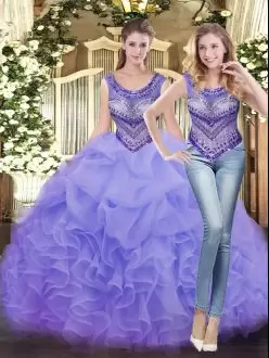 Latest Lavender Sleeveless Beading and Ruffles Floor Length Quinceanera Gowns