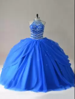 Halter Top Sleeveless Lace Up Sweet 16 Dress Royal Blue Tulle Beading