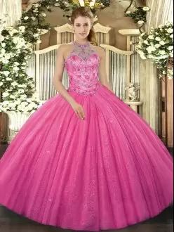 Hot Pink Ball Gowns Halter Top Sleeveless Tulle Floor Length Lace Up Beading and Embroidery Quinceanera Dress