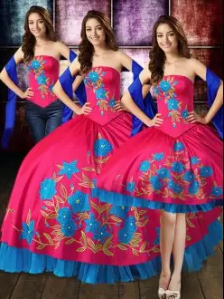Shining Hot Pink Strapless Lace Up Embroidery Quinceanera Dress Sleeveless