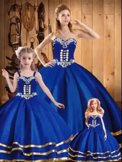 Eye-catching Blue Ball Gowns Embroidery 15th Birthday Dress Lace Up Tulle Sleeveless Floor Length