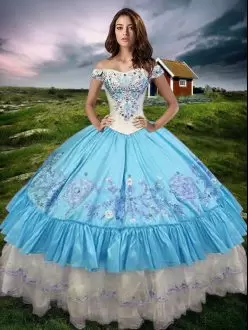 Baby Blue Ball Gowns Taffeta Off The Shoulder Sleeveless Beading and Embroidery and Ruffled Layers Floor Length Lace Up 15 Quinceanera Dress