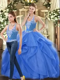 Dynamic Sleeveless Floor Length Beading and Ruffles Lace Up Ball Gown Prom Dress with Blue