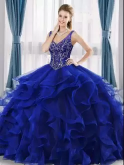 Royal Blue Quinceanera Dresses Military Ball and Sweet 16 and Quinceanera with Beading and Ruffles V-neck Sleeveless Lace Up
