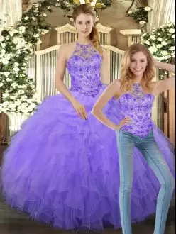 Sumptuous Halter Top Sleeveless Quinceanera Dress Floor Length Beading and Ruffles Lavender Tulle