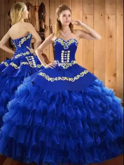 Inexpensive Sleeveless Satin and Organza Floor Length Lace Up Ball Gown Prom Dress in Blue with Embroidery and Ruffled Layers