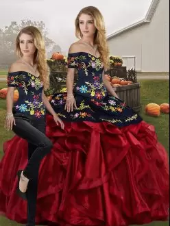 Lovely Red And Black Lace Up Off The Shoulder Embroidery and Ruffles Sweet 16 Dresses Organza Sleeveless