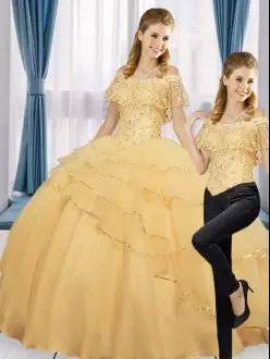 Gold Quinceanera Dress Sweet 16 and Quinceanera with Beading and Ruffled Layers Off The Shoulder Sleeveless Lace Up