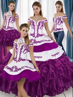 Ideal White And Purple Sleeveless Embroidery and Ruffled Layers Floor Length Quince Ball Gowns