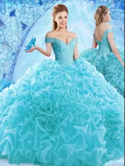 Beautiful Cap Sleeves Off The Shoulder Brush Train Ruffles and Pick Ups Lace Up 15 Quinceanera Dress
