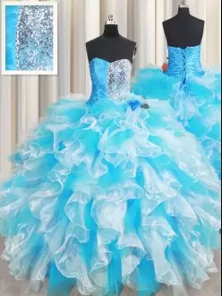 Blue And White Organza Lace Up Sweetheart Sleeveless Floor Length Quince Ball Gowns Ruffles and Sequins