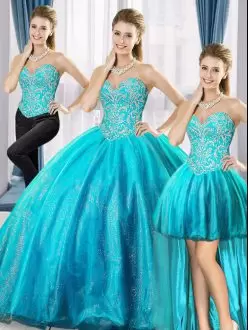 Classical Sweetheart Sleeveless Quinceanera Gowns Floor Length Beading Aqua Blue Organza