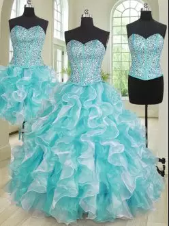 Flirting Blue And White Ball Gowns Organza Sweetheart Sleeveless Beading and Ruffles Lace Up Sweet 16 Dresses