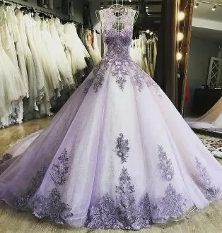 Stunning Organza Long Chapel Train See Through Quinceanera Gown in Lavender with Appliques