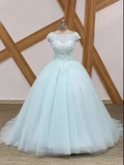 High Class Light Blue Ball Gowns Scoop Short Sleeves Tulle Brush Train Zipper Beading and Lace 15th Birthday Dress