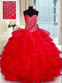 Elegant Red Color Sweetheart Beaded Bodice Quinceanera Dress with Ruffled Layers