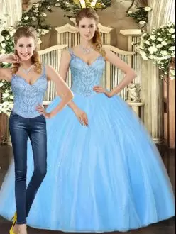 Baby Blue Lace Up Straps Beading Ball Gown Prom Dress Tulle Sleeveless