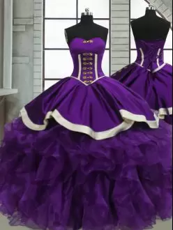 Fashion Sweetheart Sleeveless Quince Ball Gowns Floor Length Beading and Ruffles Purple Satin and Organza