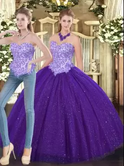 Purple Ball Gowns Sweetheart Sleeveless Tulle Floor Length Lace Up Beading Sweet 16 Dresses